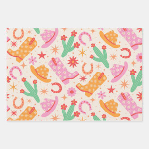 Groovy Cowgirl Boots and Hats Pattern with Cactus  Wrapping Paper Sheets