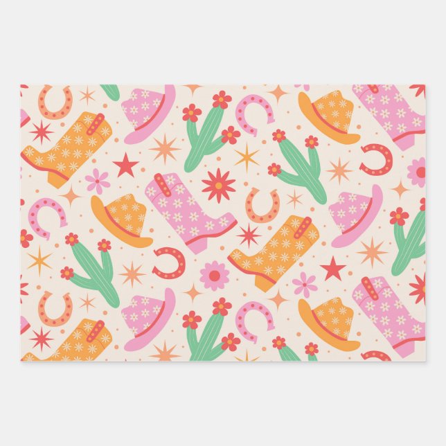 Groovy Cowgirl Boots and Hats Pattern with Cactus  Wrapping Paper Sheets (Front)