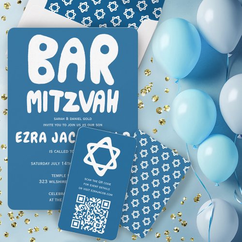 Groovy Custom QR CODE Bar Bat Mitzvah Blue Stars Enclosure Card