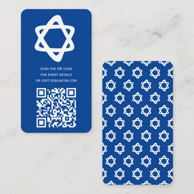 Groovy Custom QR CODE Bar Bat Mitzvah Blue Stars Enclosure Card (Front/Back)