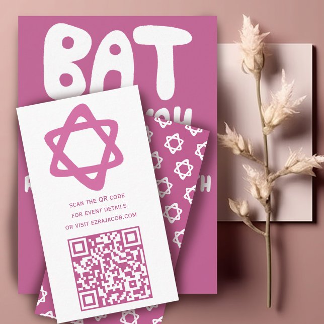 Groovy Custom QR CODE Bar Bat Mitzvah Pink Stars Enclosure Card (Groovy Custom QR CODE Bar Bat Mitzvah Pink Stars Enclosure Card
)