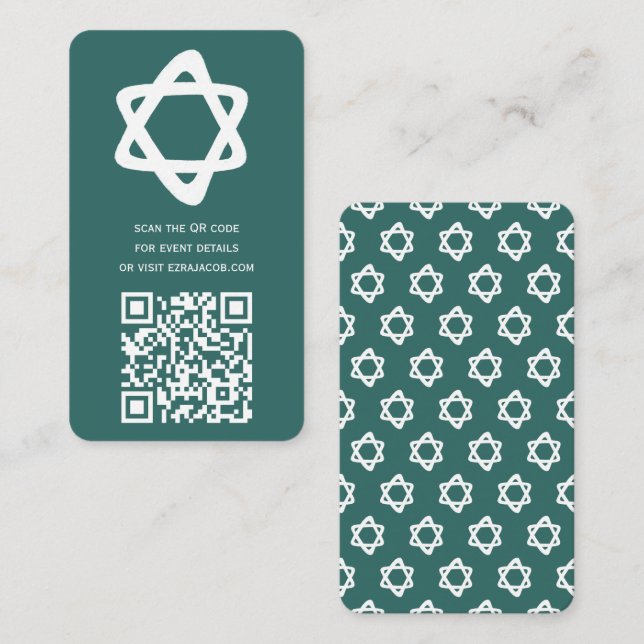 Groovy Custom QR CODE Bar Bat Mitzvah Teal Stars Enclosure Card (Front/Back)