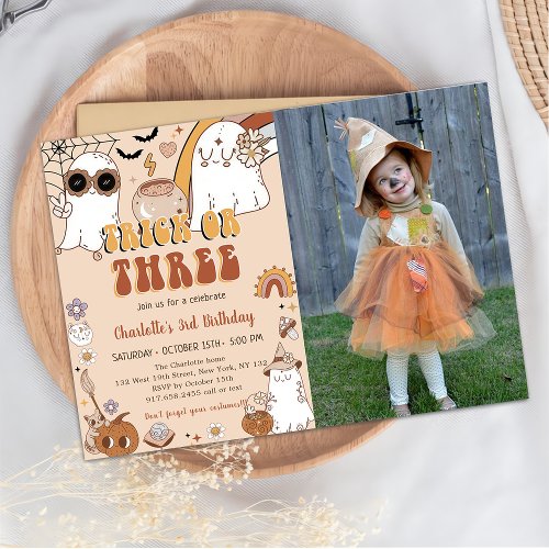 Groovy Cute Ghost Halloween 3rd Birthday Party Invitation