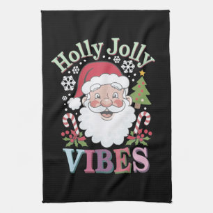 Groovy Cute Santa Claus Holly Jolly Vibes Xmas Kitchen Towel