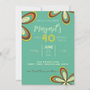 Groovy Cyan 40 Birthday Party 70s Hippie Flower Invitation