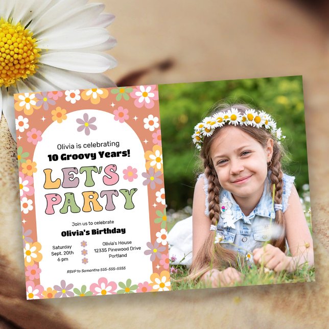 Groovy Daisies Hippie Photo Girl's Birthday Invitation (Creator Uploaded)
