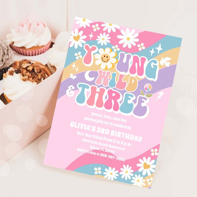 Groovy Daisy 3rd Birthday Invitation (Creator Uploaded)
