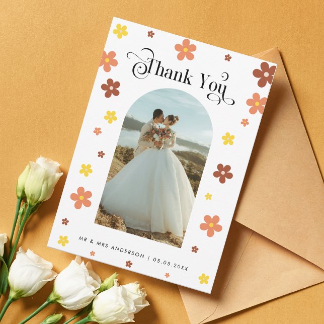 Groovy Daisy Arch Photo & Retro Script Wedding Thank You Card (Creator Uploaded)