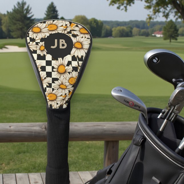 Groovy Daisy Checkerboard Monogram Golf Gift Head Cover (Creator Uploaded)
