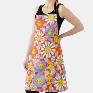 Groovy Daisy Floral Checkerboard, Y2K 90s  Apron