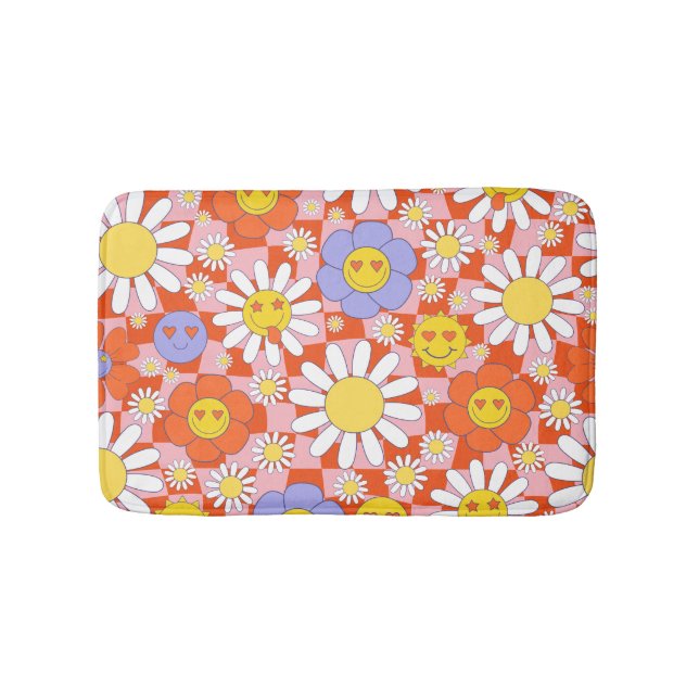 Groovy Daisy Floral Checkerboard, Y2K 90s Bath Mat (Front)
