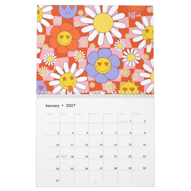 Groovy Daisy Floral Checkerboard, Y2K 90s Calendar (Jan 2027)