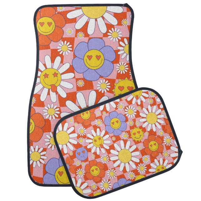 Groovy Daisy Floral Checkerboard, Y2K 90s  Car Floor Mat (Set)