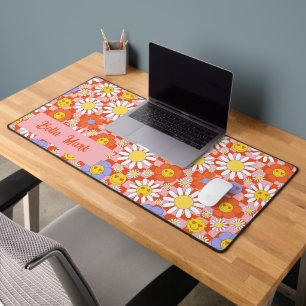 Groovy Daisy Floral Checkerboard, Y2K 90s Desk Mat