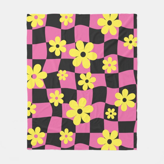 Groovy Daisy Floral Checkerboard, Y2K 90s   Fleece Blanket (Front)