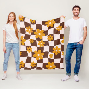 Groovy Daisy Floral Checkerboard, Y2K 90s Fleece Blanket