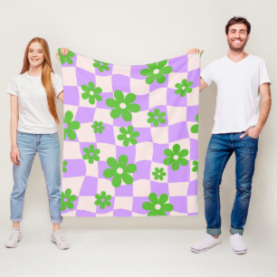Groovy Daisy Floral Checkerboard, Y2K 90s Fleece Blanket