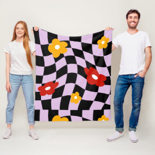 Groovy Daisy Floral Checkerboard, Y2K 90s Fleece Blanket