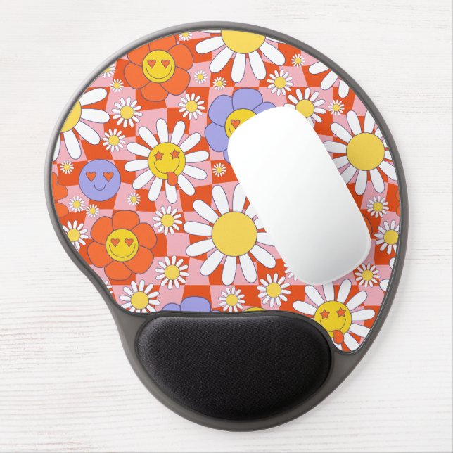 Groovy Daisy Floral Checkerboard, Y2K 90s Gel Mouse Pad (Left Side)