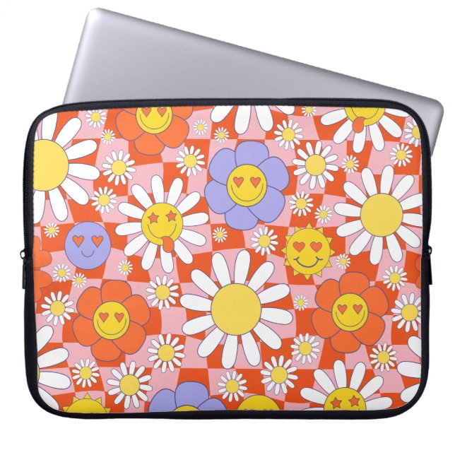 Groovy Daisy Floral Checkerboard, Y2K 90s  Laptop Sleeve (Front)