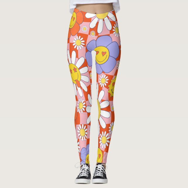 Groovy Daisy Floral Checkerboard, Y2K 90s Leggings (Front)