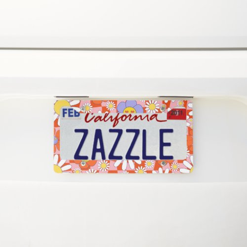 Groovy Daisy Floral Checkerboard Y2K 90s  License Plate Frame
