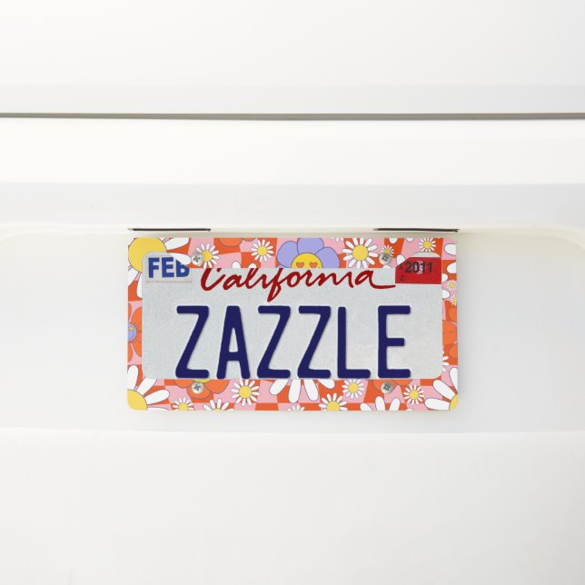 Groovy Daisy Floral Checkerboard, Y2K 90s  License Plate Frame (On Car)