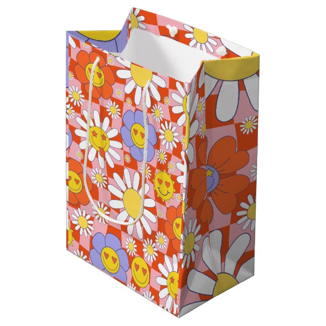 Groovy Daisy Floral Checkerboard, Y2K 90s  Medium Gift Bag (Front Angled)