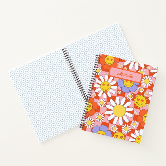 Groovy Daisy Floral Checkerboard, Y2K 90s Notebook (Inside)