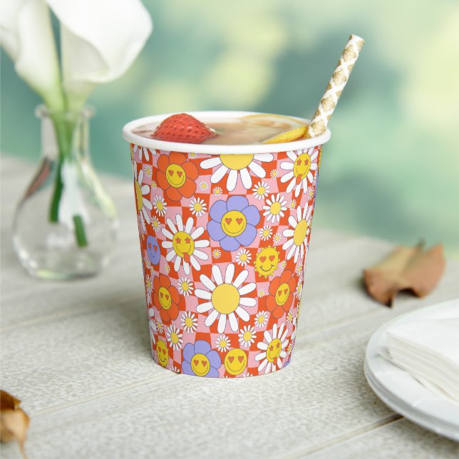 Groovy Daisy Floral Checkerboard, Y2K 90s  Paper Cups (Insitu)