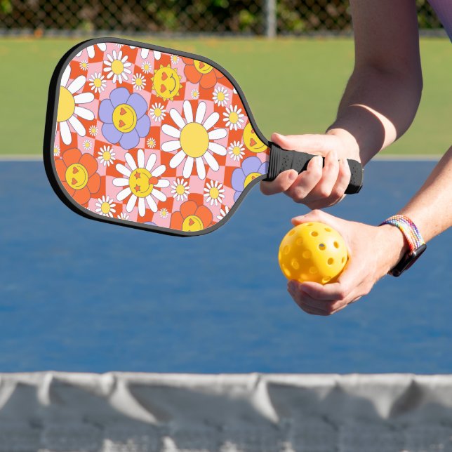 Groovy Daisy Floral Checkerboard, Y2K 90s Pickleball Paddle (Insitu)