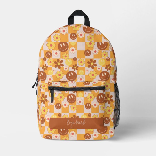 Groovy Daisy Floral Checkerboard, Y2K 90s Printed Backpack (Front)