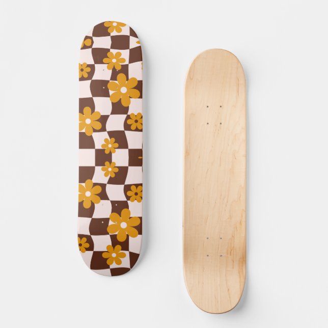 Groovy Daisy Floral Checkerboard, Y2K 90s Skateboard (Front)