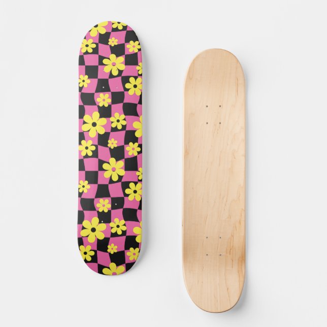 Groovy Daisy Floral Checkerboard, Y2K 90s   Skateboard (Front)