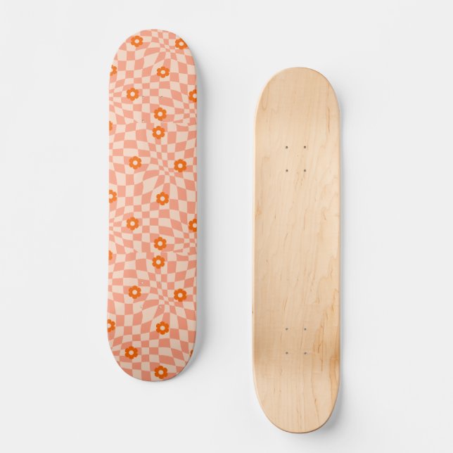 Groovy Daisy Floral Checkerboard, Y2K 90s Skateboard (Front)
