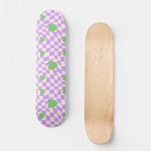 Groovy Daisy Floral Checkerboard, Y2K 90s Skateboard (Front)