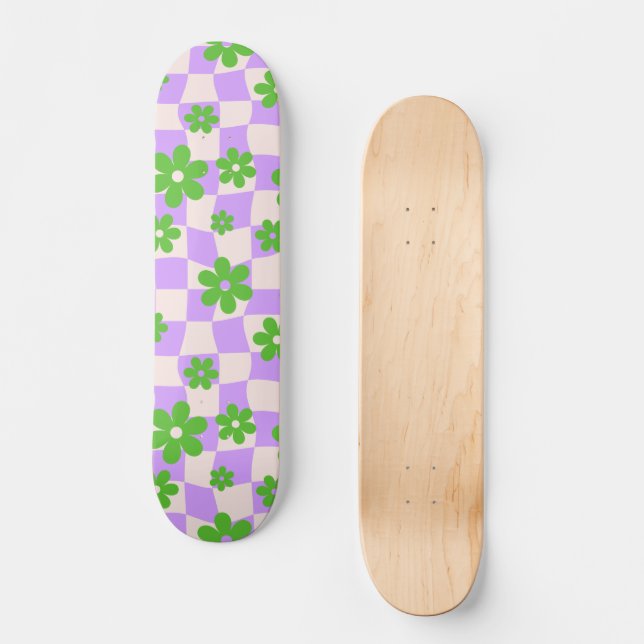Groovy Daisy Floral Checkerboard, Y2K 90s Skateboard (Front)