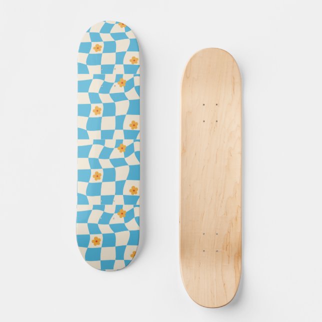 Groovy Daisy Floral Checkerboard, Y2K 90s Skateboard (Front)