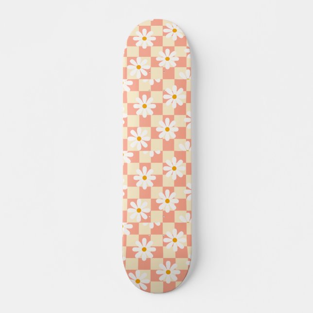 Groovy Daisy Floral Checkerboard, Y2K 90s Skateboard (Front)