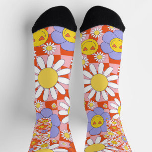 Groovy Daisy Floral Checkerboard, Y2K 90s Socks