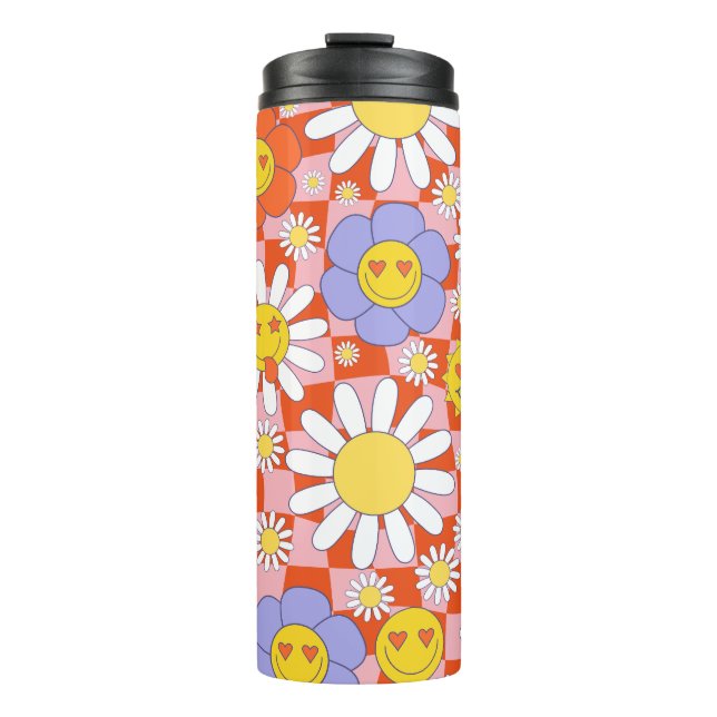 Groovy Daisy Floral Checkerboard, Y2K 90s  Thermal Tumbler (Front)
