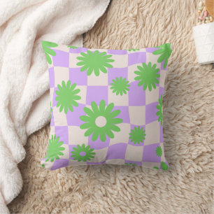 Groovy Daisy Floral Checkerboard, Y2K 90s Throw Pillow