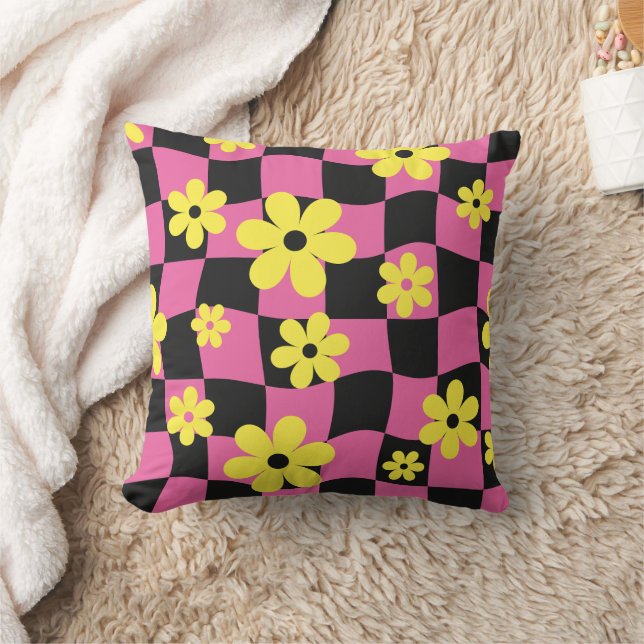 Groovy Daisy Floral Checkerboard, Y2K 90s Throw Pillow (Blanket)