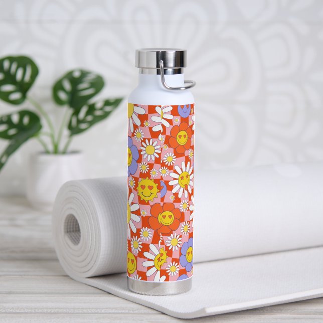 Groovy Daisy Floral Checkerboard, Y2K 90s  Water Bottle (Yoga)