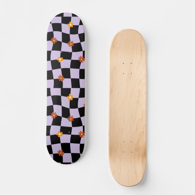Groovy Daisy Floral Checkerboard, Y2K 90s  Wrappin Skateboard (Front)