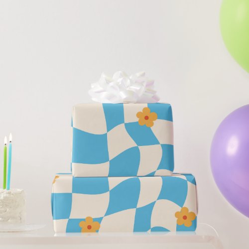 Groovy Daisy Floral Checkerboard Y2K 90s  Wrappin Wrapping Paper