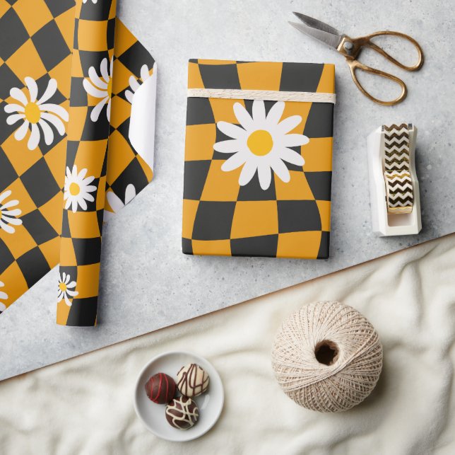 Groovy Daisy Floral Checkerboard, Y2K 90s  Wrapping Paper (Crafts)