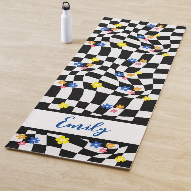 Groovy Daisy Floral Checkerboard, Y2K 90s Yoga Mat (In Situ)