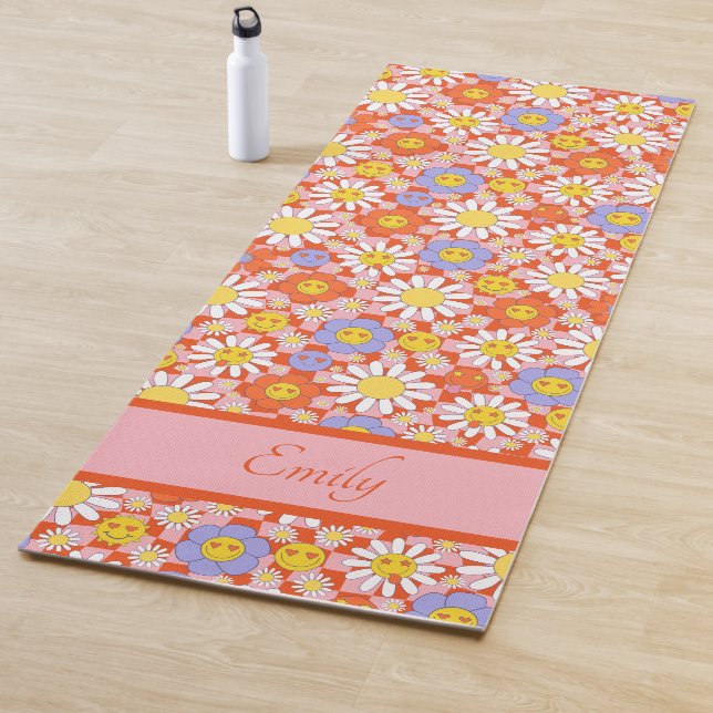 Groovy Daisy Floral Checkerboard, Y2K 90s Yoga Mat (In Situ)