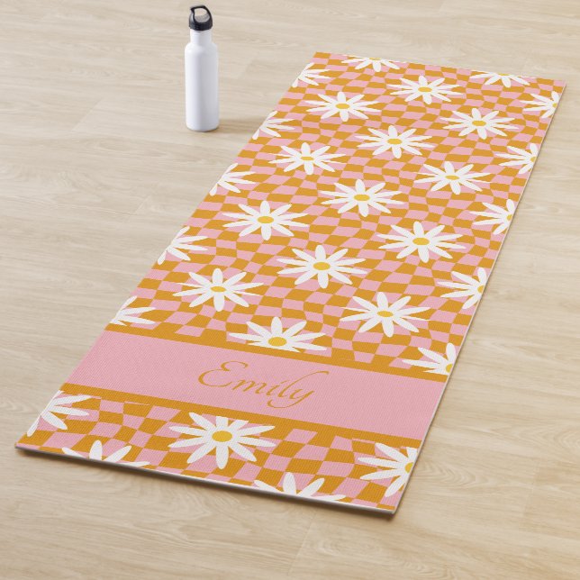 Groovy Daisy Floral Checkerboard, Y2K 90s Yoga Mat (In Situ)